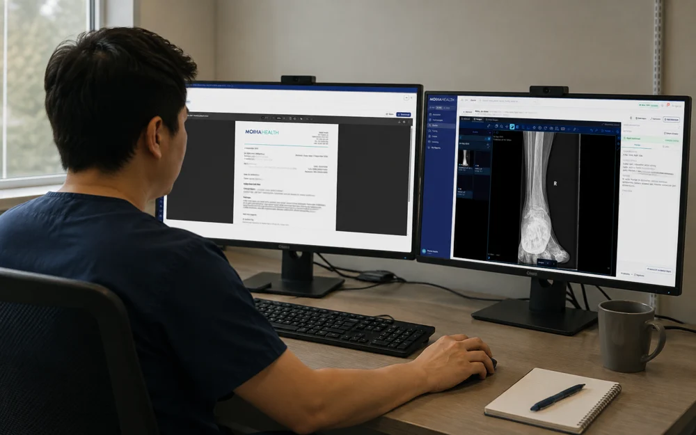 Illustration of a radiographer reviewing the Modia portal and X-ray viewer on two monitors