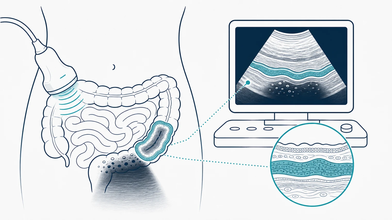 Schematic abdominal ultrasound showing bowel wall assessment and gas shadow limitation