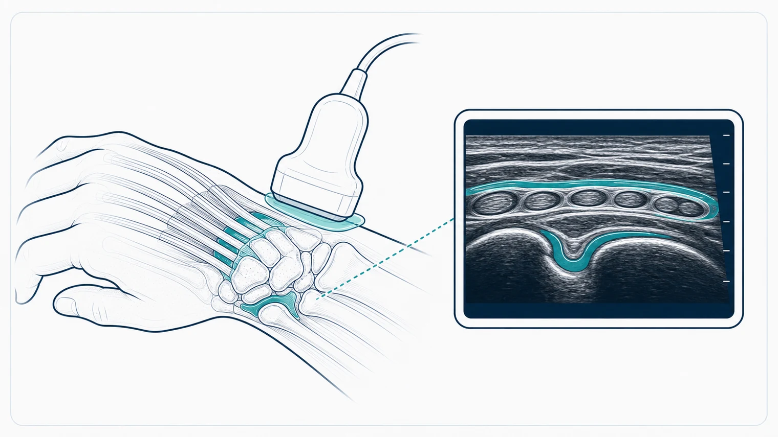 Schematic wrist ultrasound showing the radiocarpal joint and extensor tendon sheaths