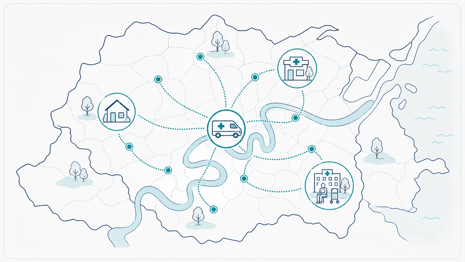 Schematic Greater Brisbane mobile healthcare service area map with home, aged care and clinic service nodes