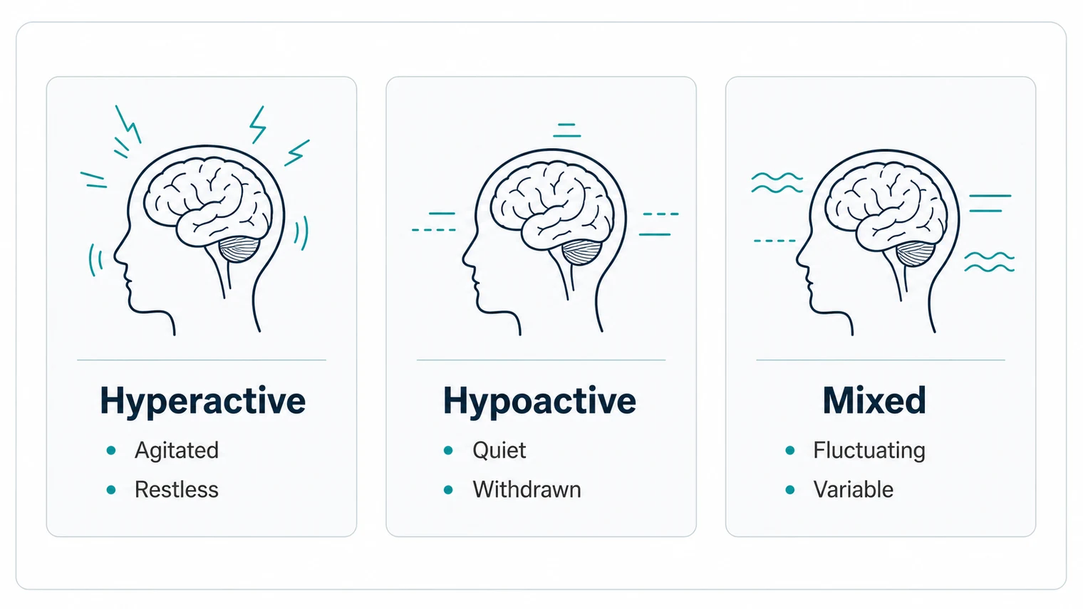 Infographic showing the three delirium presentations: hyperactive, hypoactive and mixed