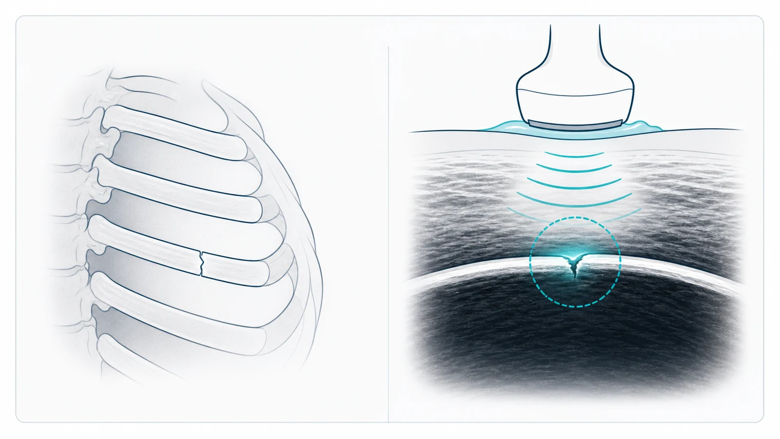 Schematic comparison of rib X-ray and ultrasound signs of a subtle fracture