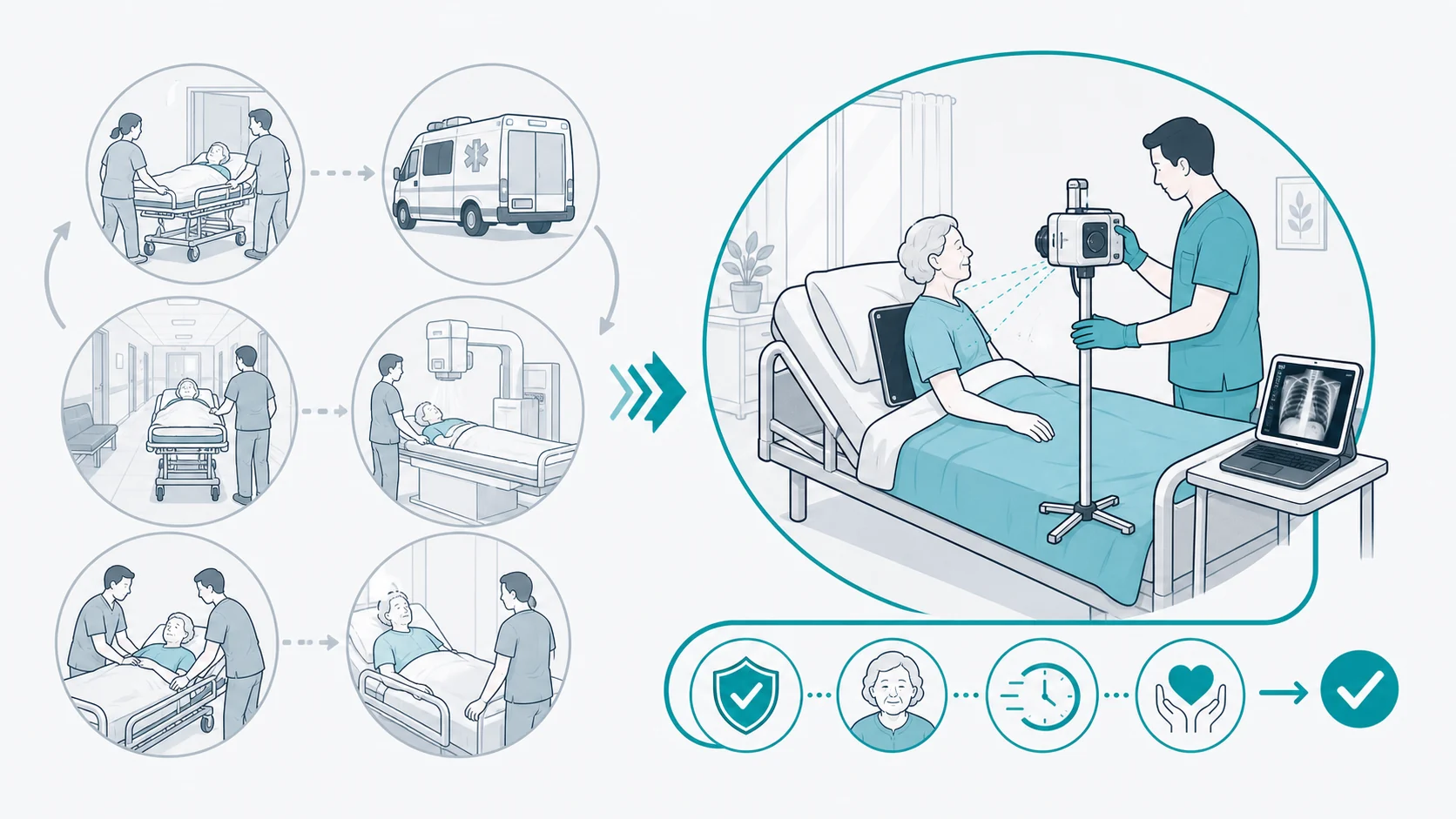 Schematic comparison of hospital transfer burden versus compact portable X-ray brought to an aged care resident bedside