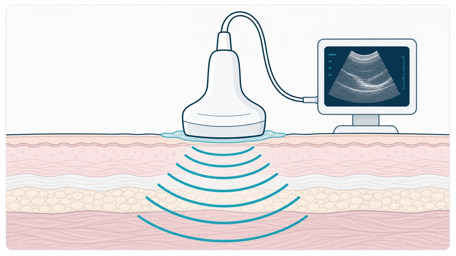 Schematic ultrasound transducer touching skin with sound waves passing into soft tissue